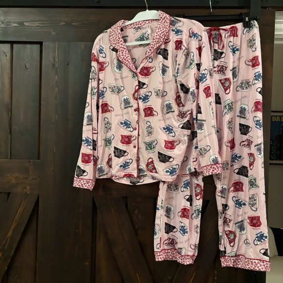 Flora Nikrooz Pajama Set Long Sleeve and Pants with Tea Time Print Pink XL - Picture 1 of 11